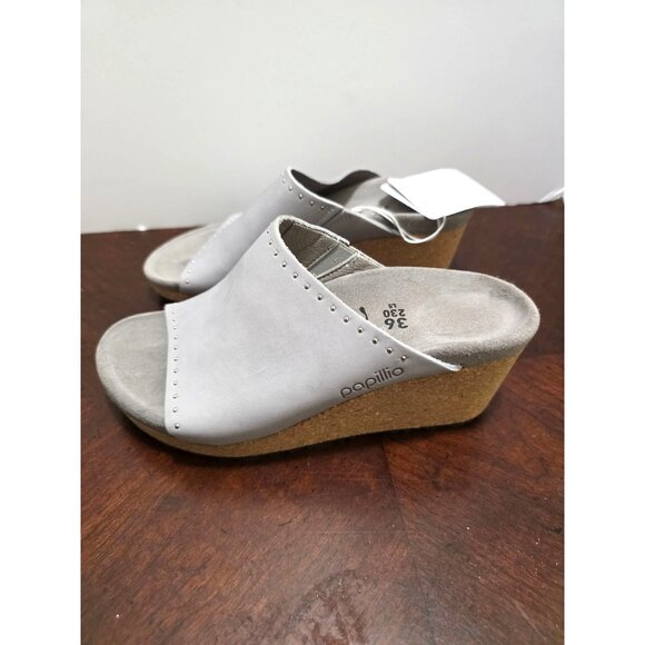 NWT Papillio By Birkenstock Women's Gray Leather Studded Wedge Slide Sandals Siz - Picture 2 of 10